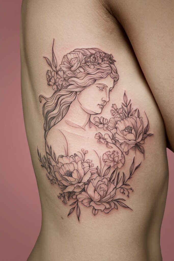 14. Floral Goddess Side Tattoo