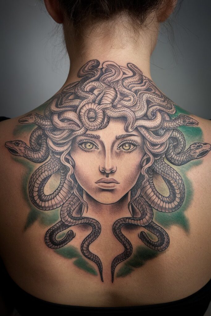 14. Medusa Back Tattoo with Serpentine Detail