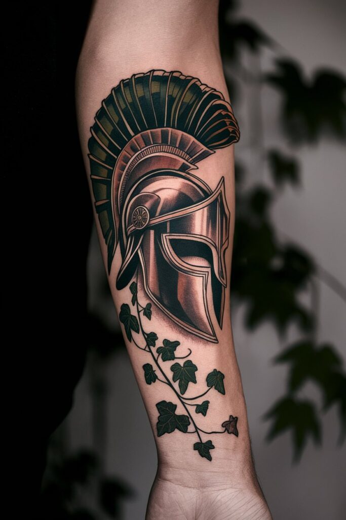 14. Spartan Helmet Tattoo with Ivy Vines