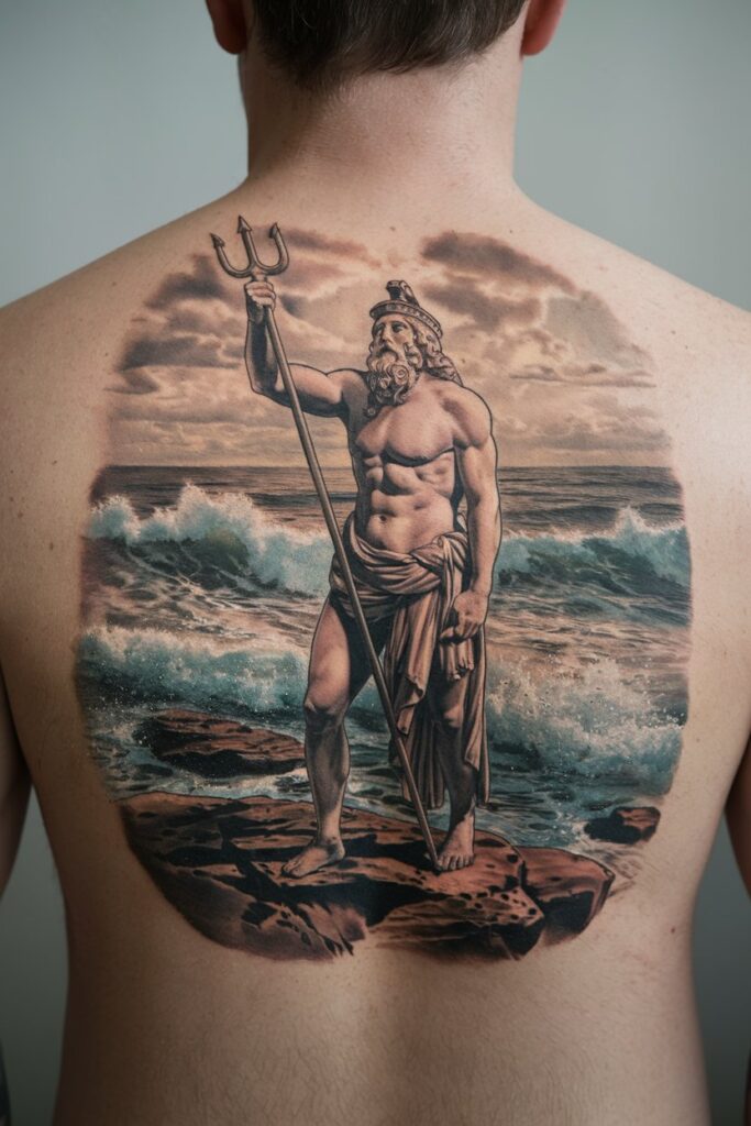 Majestic Poseidon Overlooking the Sea Tattoo