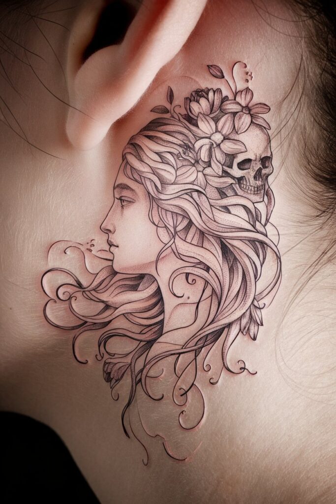 15. Floral and Skull Profile Tattoo