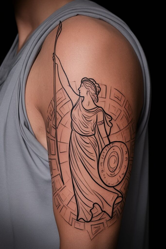 15. Line Art Tattoo of Warrior with Spear