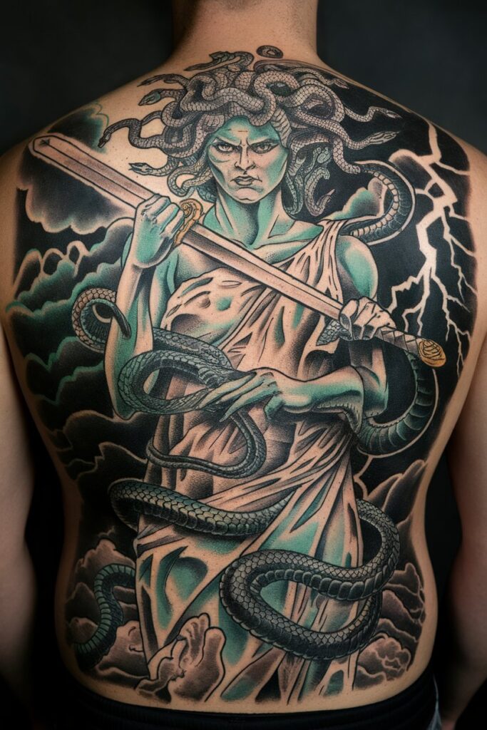 15. Medusa Warrior Back Tattoo