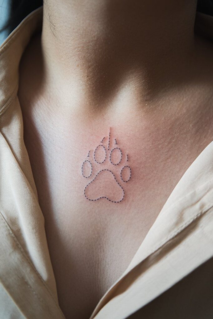 Delicate Dotwork Dog Paw Tattoo on Collarbone