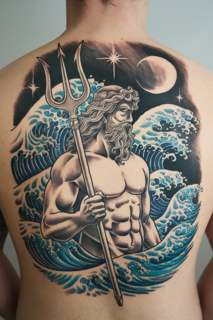 Poseidon in Motion with Celestial Backdrop Tattoo