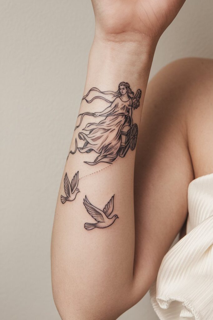 16. Chariot Goddess and Doves Forearm Tattoo