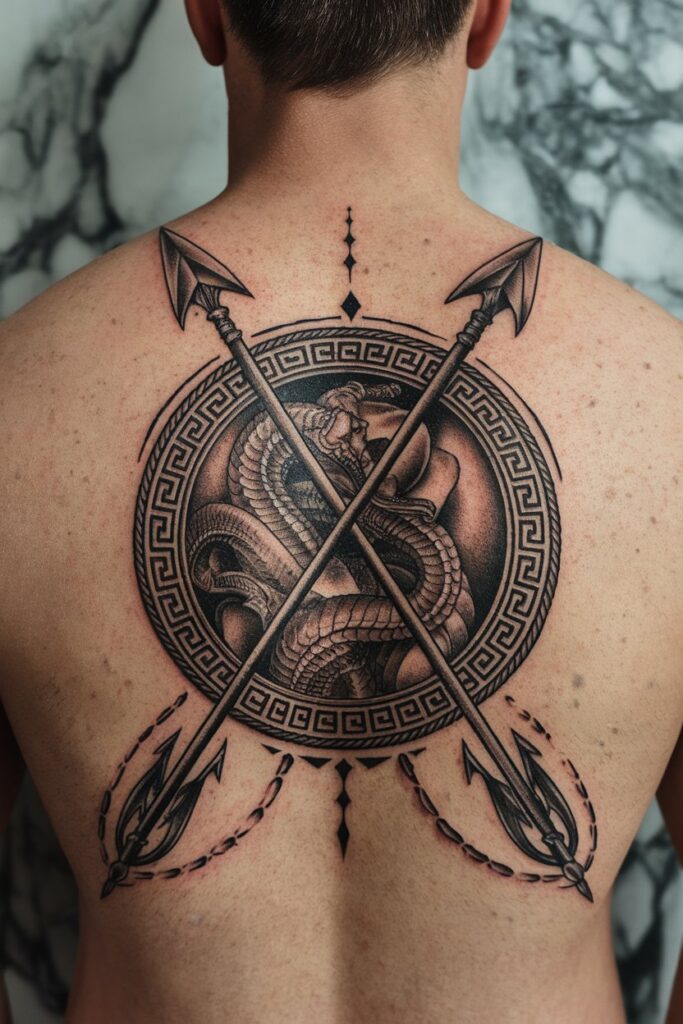 16. Shield and Spear Tattoo with Serpent Design