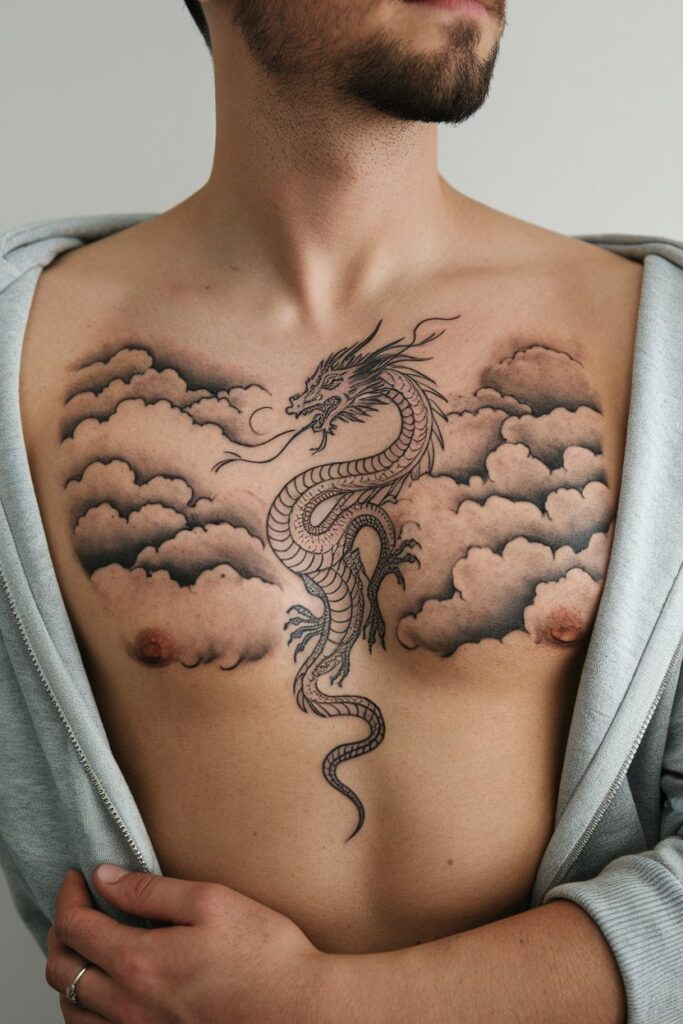 Dragon in the Clouds Chest Tattoo Power in Motion