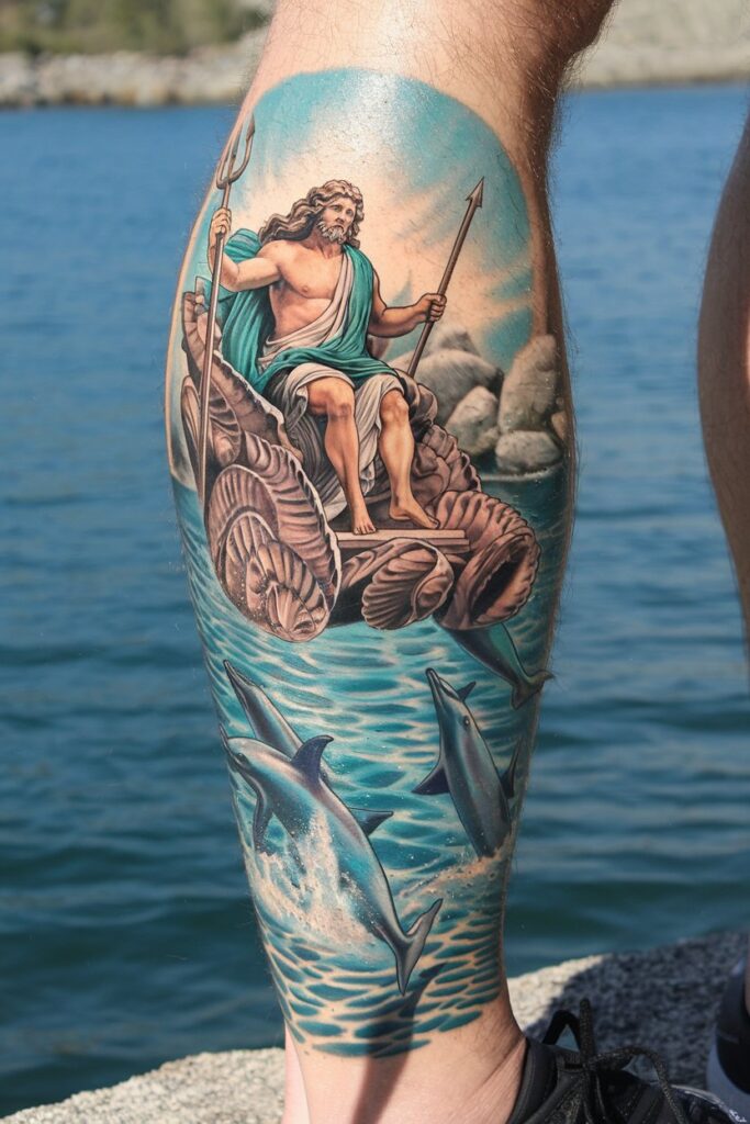 Poseidon Riding the Seas with Dolphins Tattoo