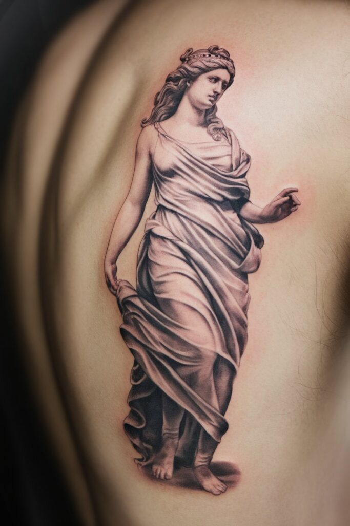 17. Draped Goddess Full-Body Tattoo