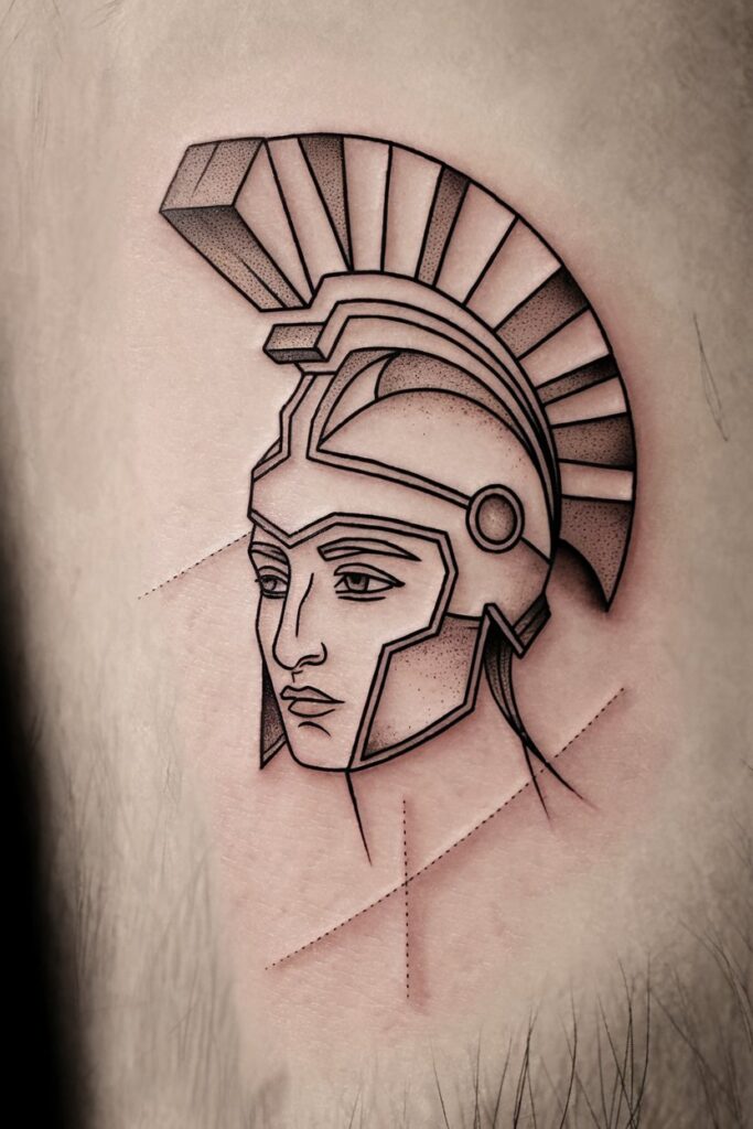 17. Geometric Spartan Helmet Tattoo