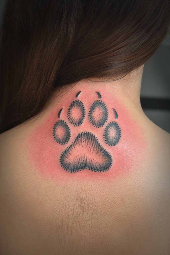 Textured Dog Paw Tattoo on Upper Back