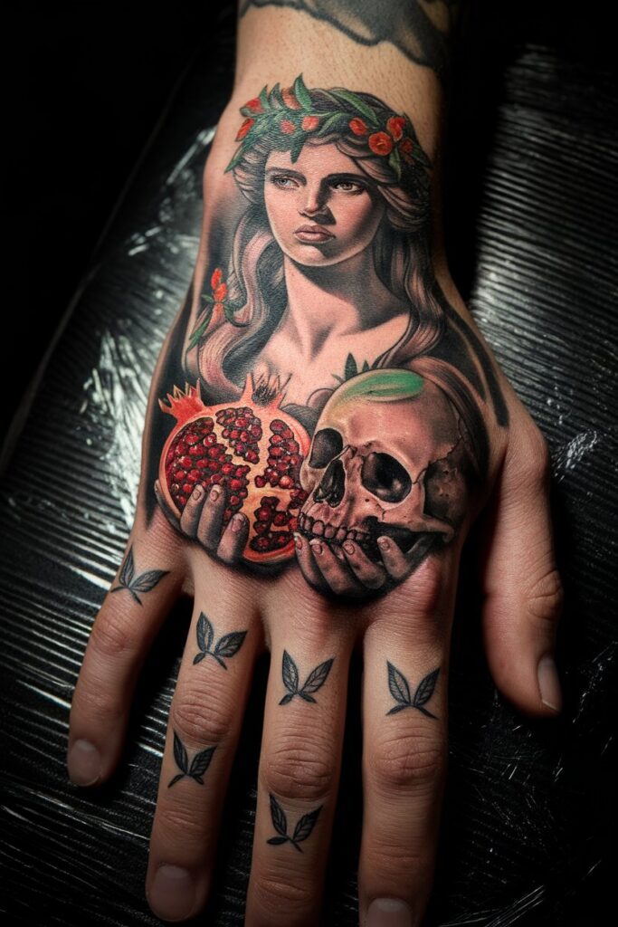 18. Goddess with Pomegranate and Skull Tattoo