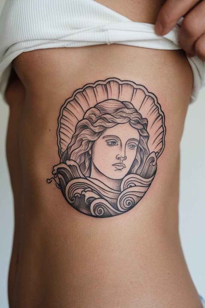 19. Goddess in the Waves Rib Tattoo