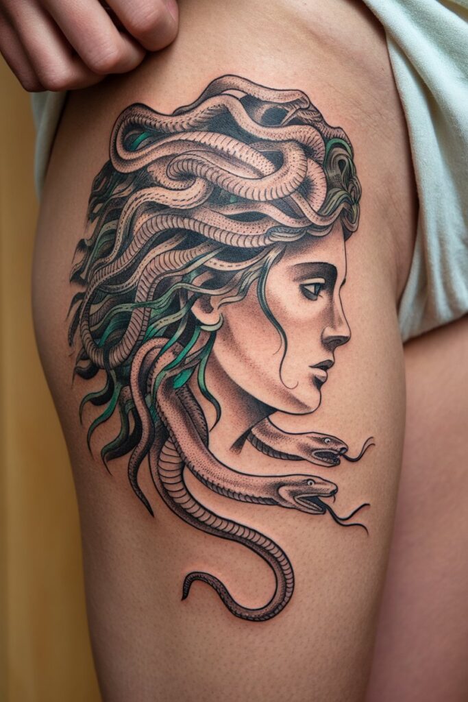 19. Medusa Profile Tattoo with Serpent Detail