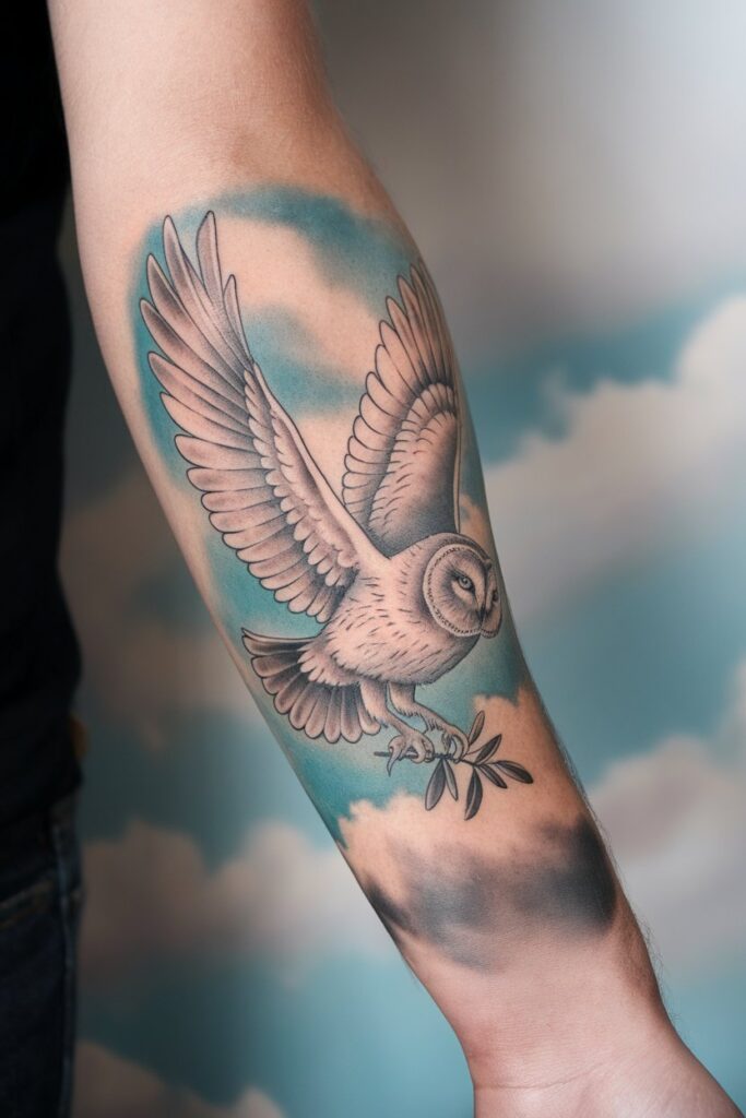 19. Owl with Olive Branch Tattoo