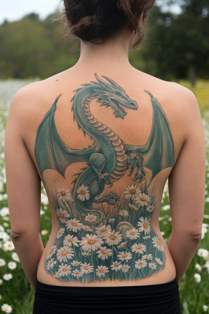 Green Dragon Tattoo with Daisies