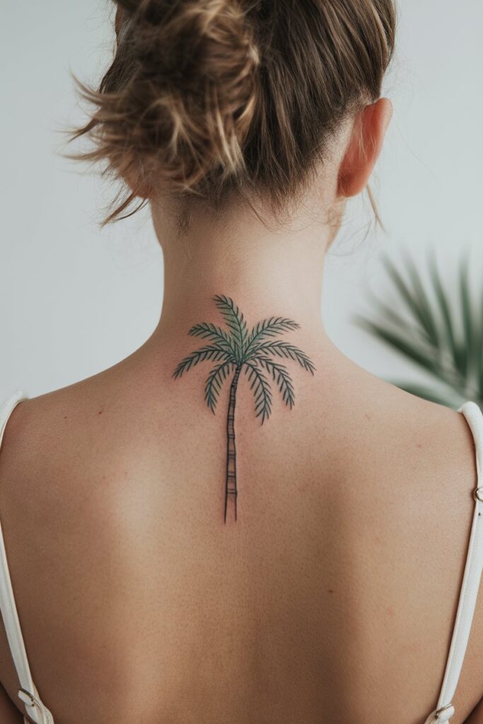 Minimalist Palm Tree Tattoo on the Upper Back