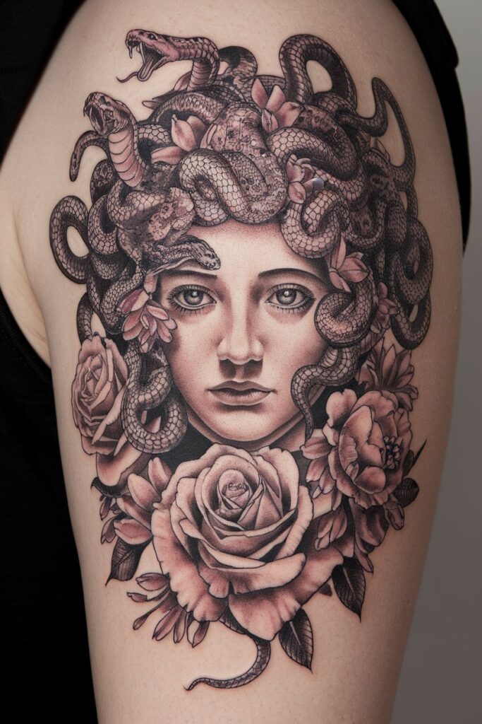 2. Medusa Tattoo with Floral Accents