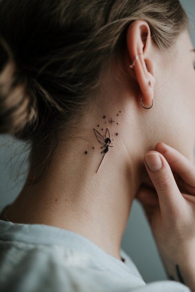 Delicate Tinker Bell Tattoo Behind the Ear