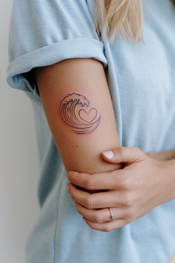 Wave and Heart Tattoo on the Arm
