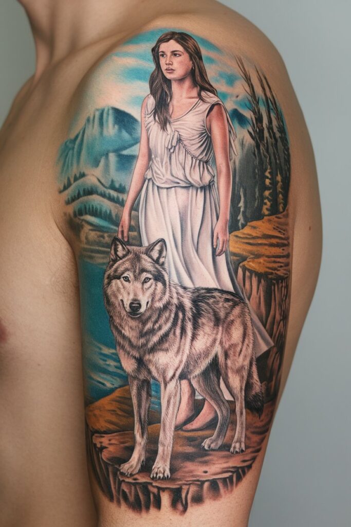 20. Artemis and Wolf in the Wilderness Tattoo