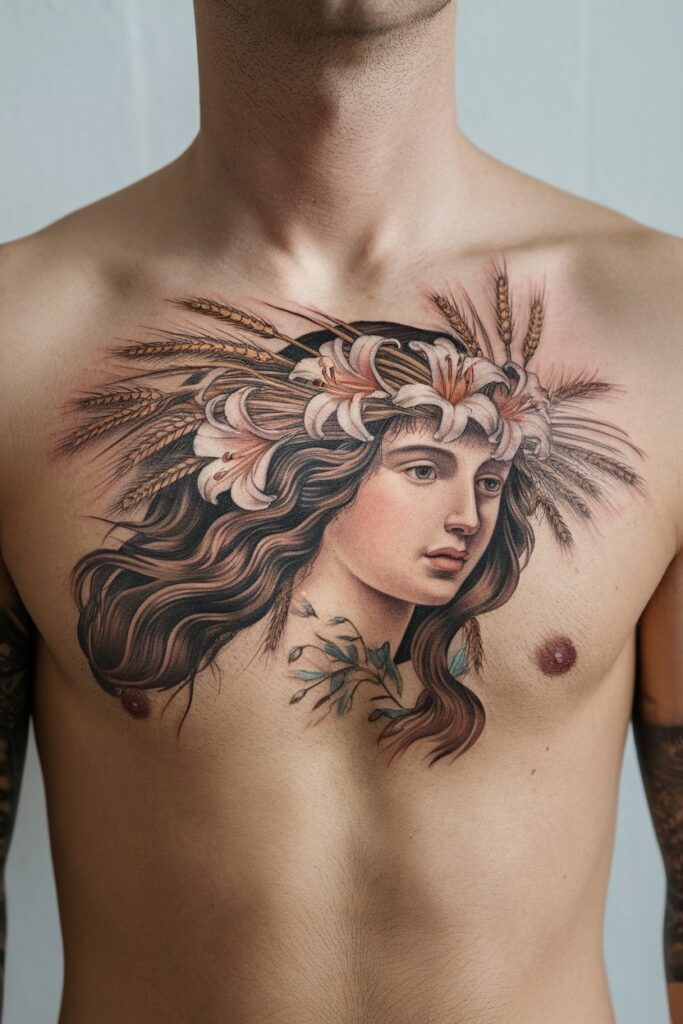 20. Goddess with Floral and Wheat Crown Tattoo