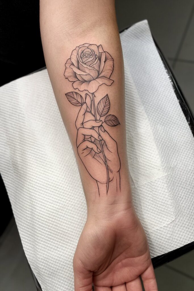 20. Hand Holding a Rose Forearm Tattoo