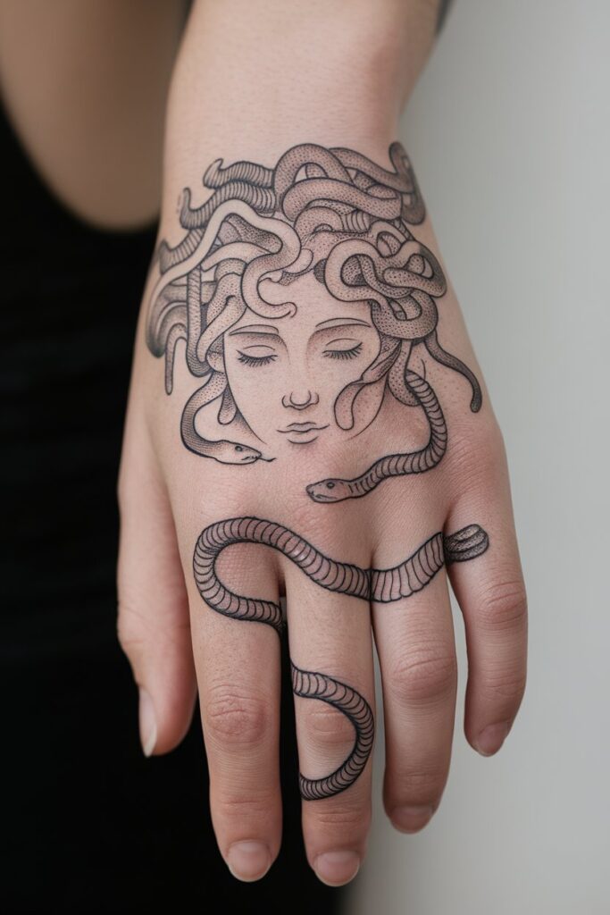 20. Medusa Hand Tattoo with Serpents