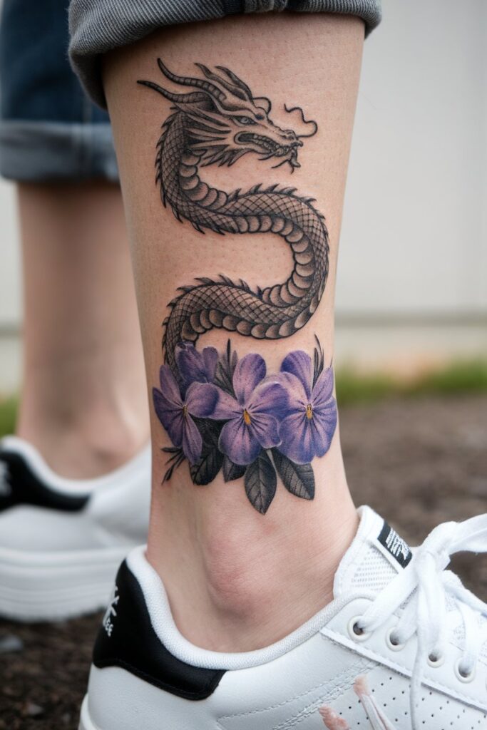 Dragon Tattoo with Purple Flowers