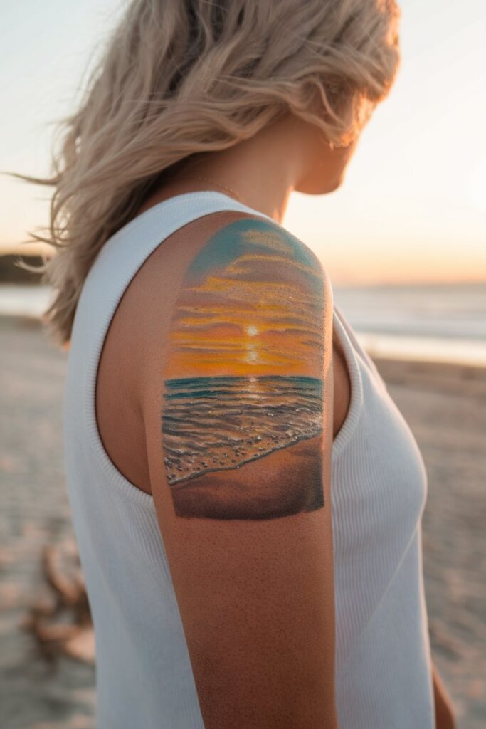 Vibrant Beach Sunset Tattoo on the Upper Arm
