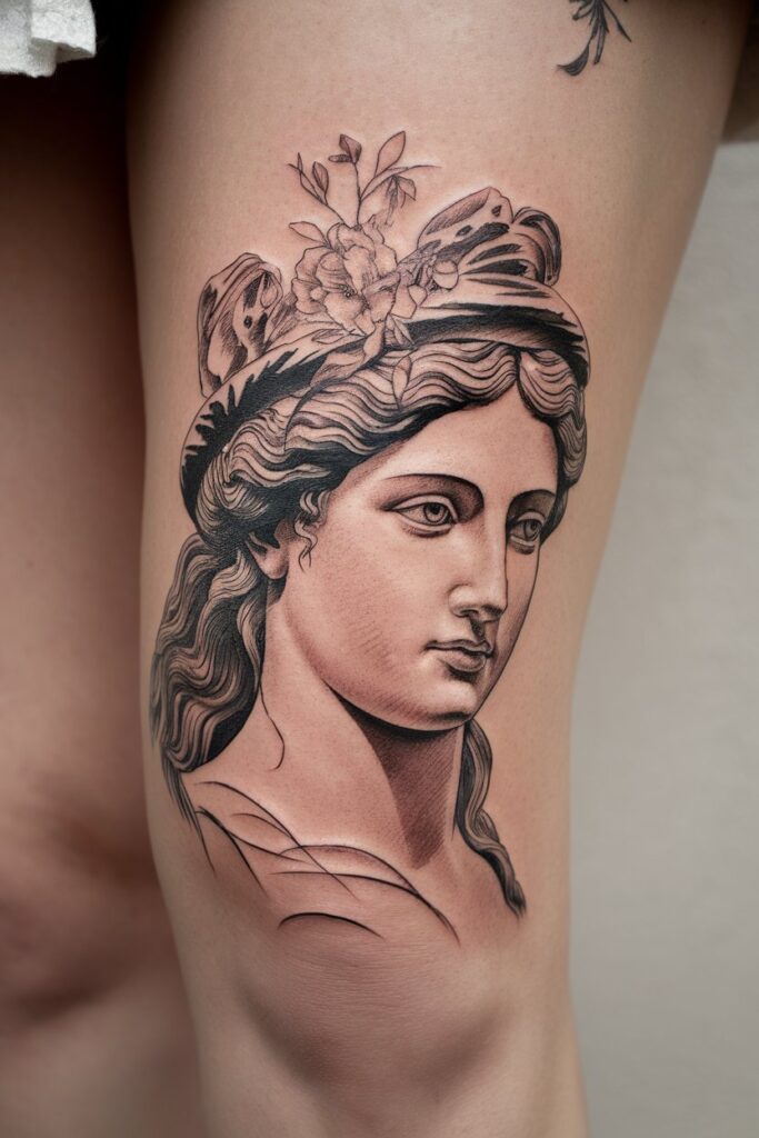 3. Floral Crowned Aphrodite Thigh Tattoo