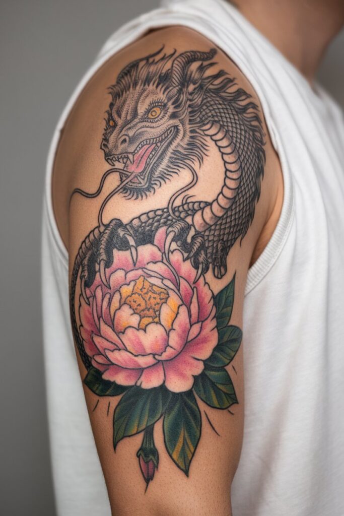 Dragon Tattoo with Peony Flower