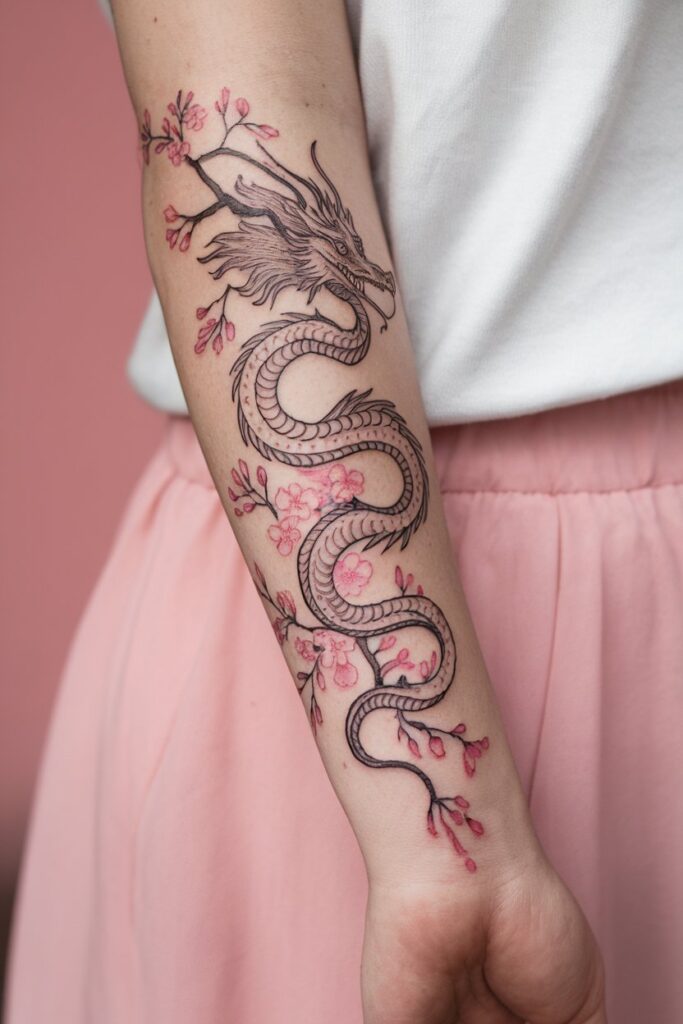 Dragon and Blossom Tattoo Harmony in Nature