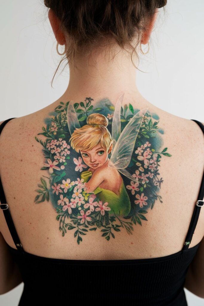 Tinkerbell Floral Back Tattoo