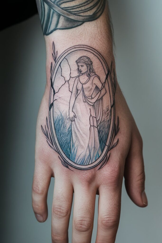  Hand Tattoo of Persephone in a Broken Frame