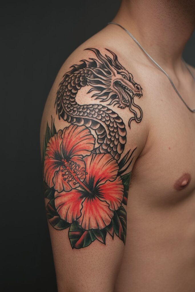 Dragon Tattoo with Hibiscus Flower