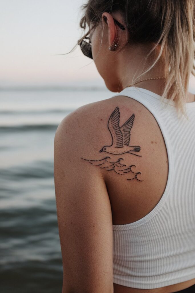 Seagull and Waves Tattoo on the Shoulder