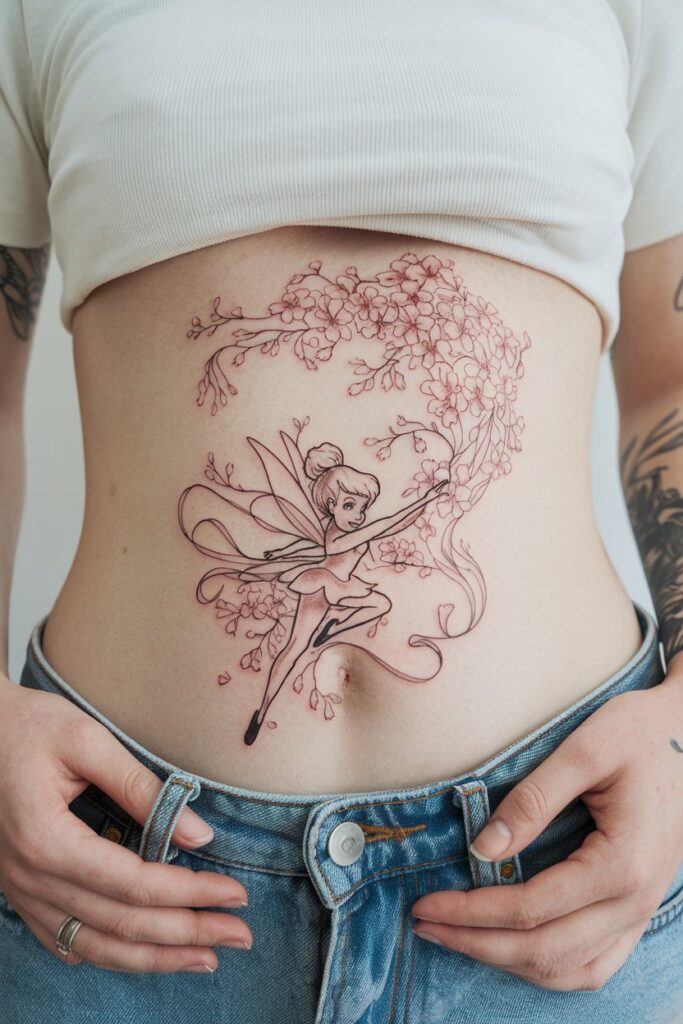 Tinkerbell Floral Outline Tattoo