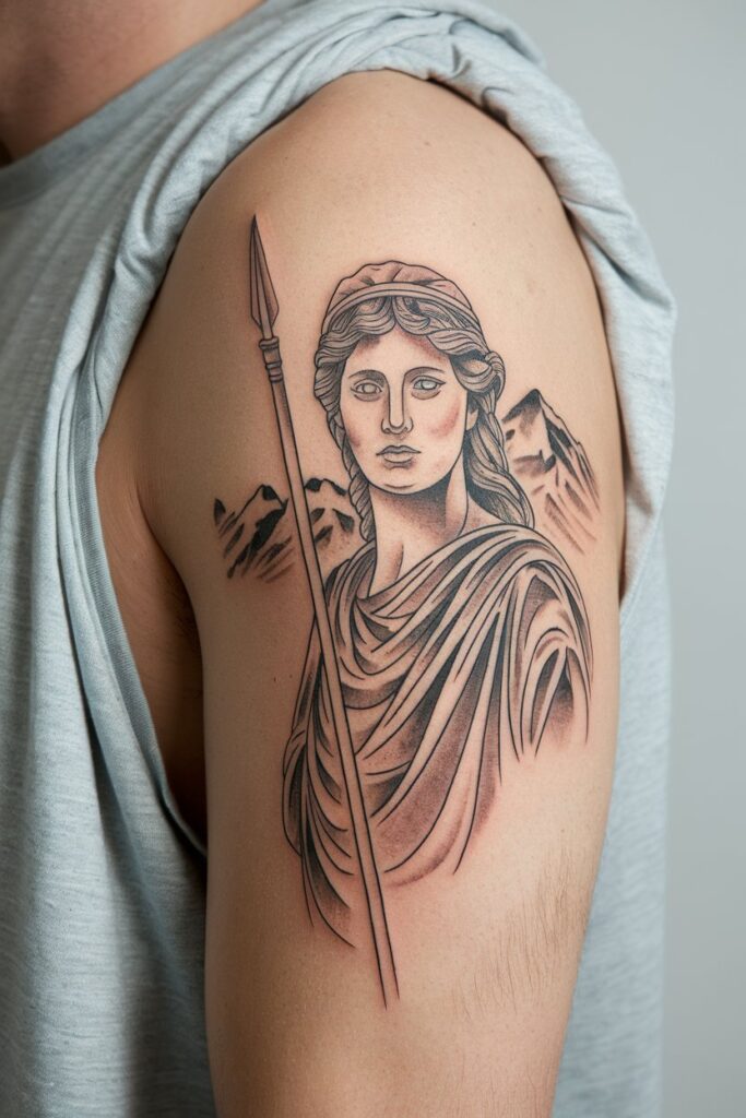 5. Athena Tattoo with Spear and Mountains