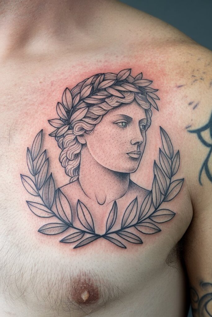 5. Classical Hera Bust Tattoo with Laurel Wreath