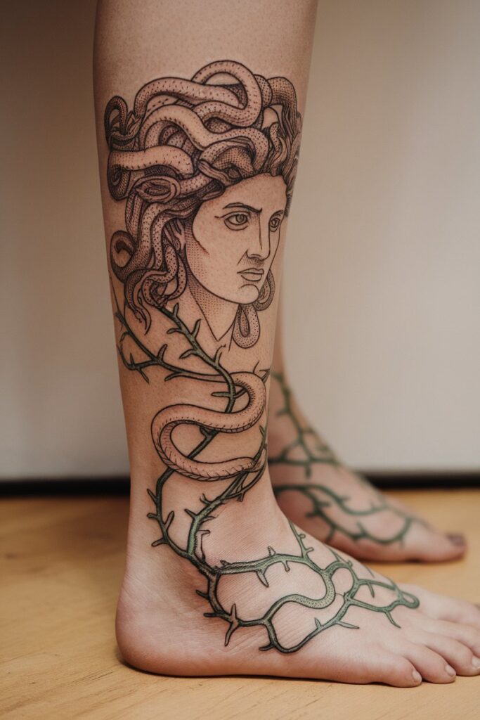 5. Medusa Leg Tattoo with Vine Detailing