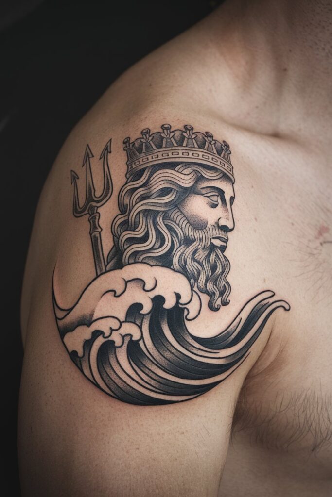 Elegant Poseidon and Waves Tattoo