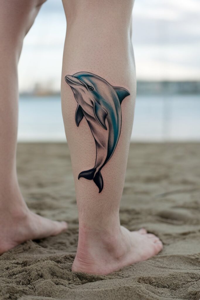 Realistic Dolphin Tattoo on the Calf