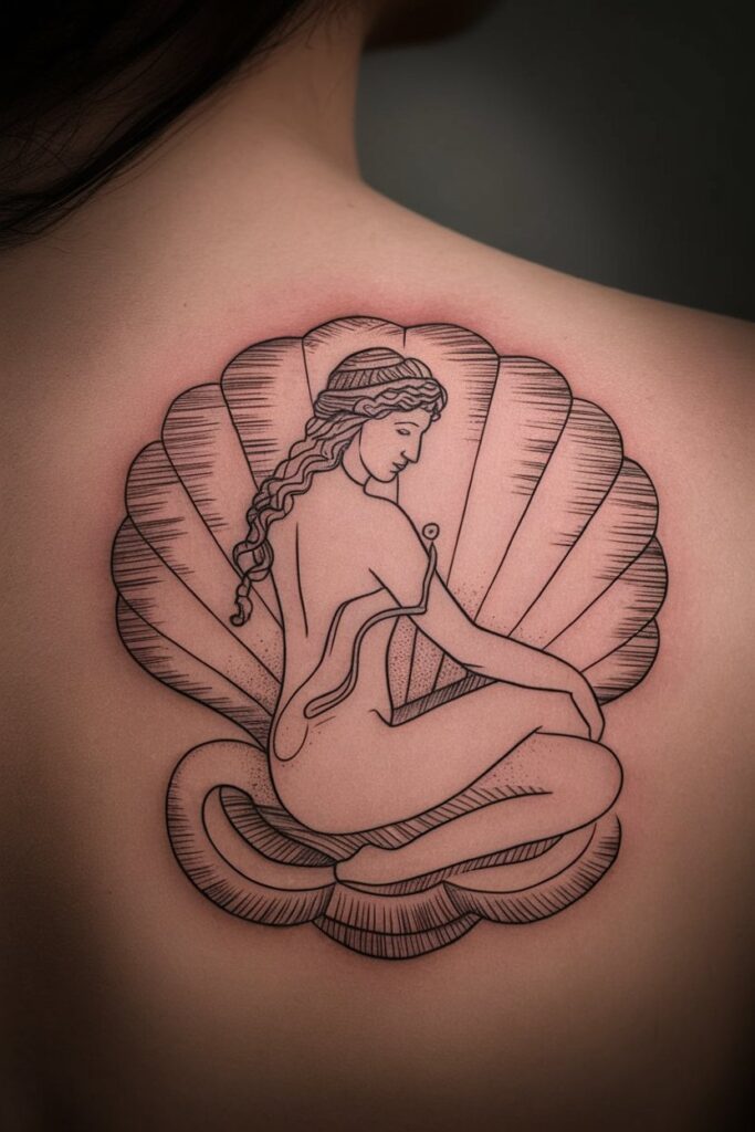 6. Aphrodite in a Shell Back Tattoo