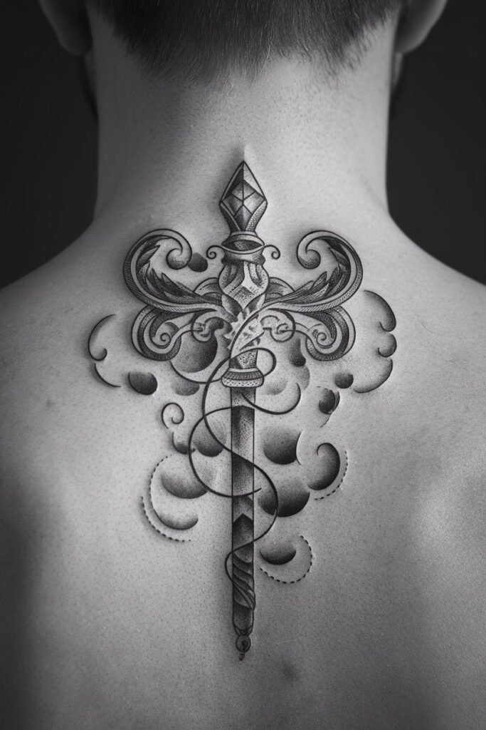 6. Ornate Sword Tattoo with Shading