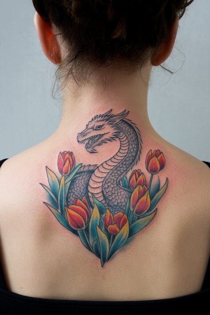 Dragon Tattoo with Tulips