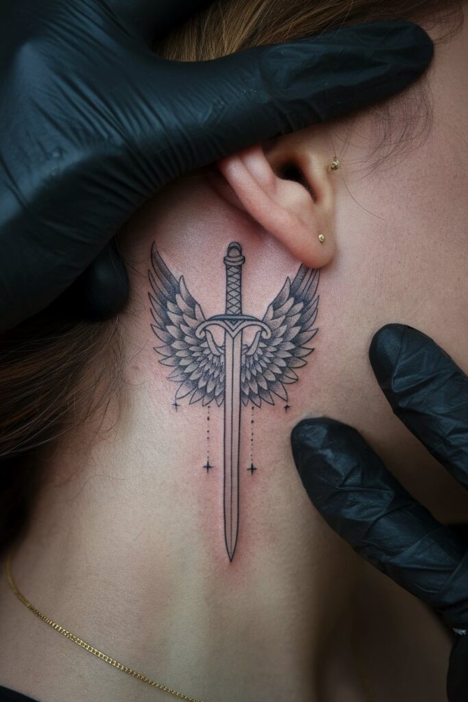 Winged Sword Neck Tattoo