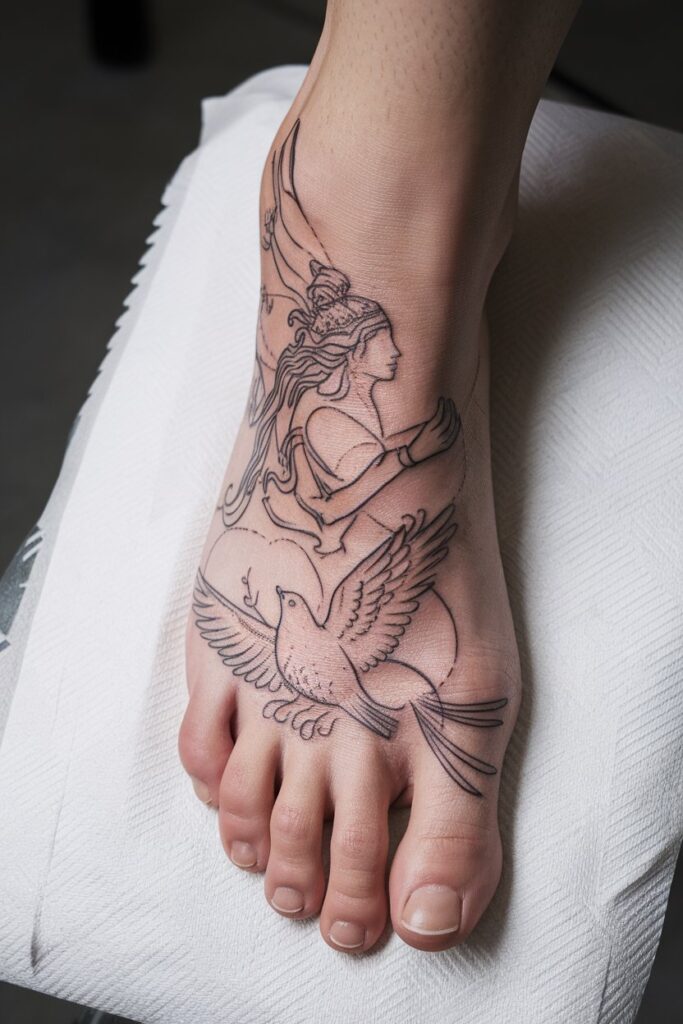 7. Aphrodite and Dove Foot Tattoo