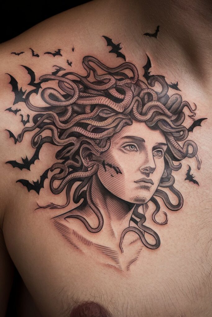 . Medusa Collarbone Tattoo with Bat Elements